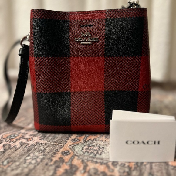 NWOT Coach Mini Town Crossbody Bucket Bag With Buffalo Plaid Print- Red/Black - Picture 3 of 8